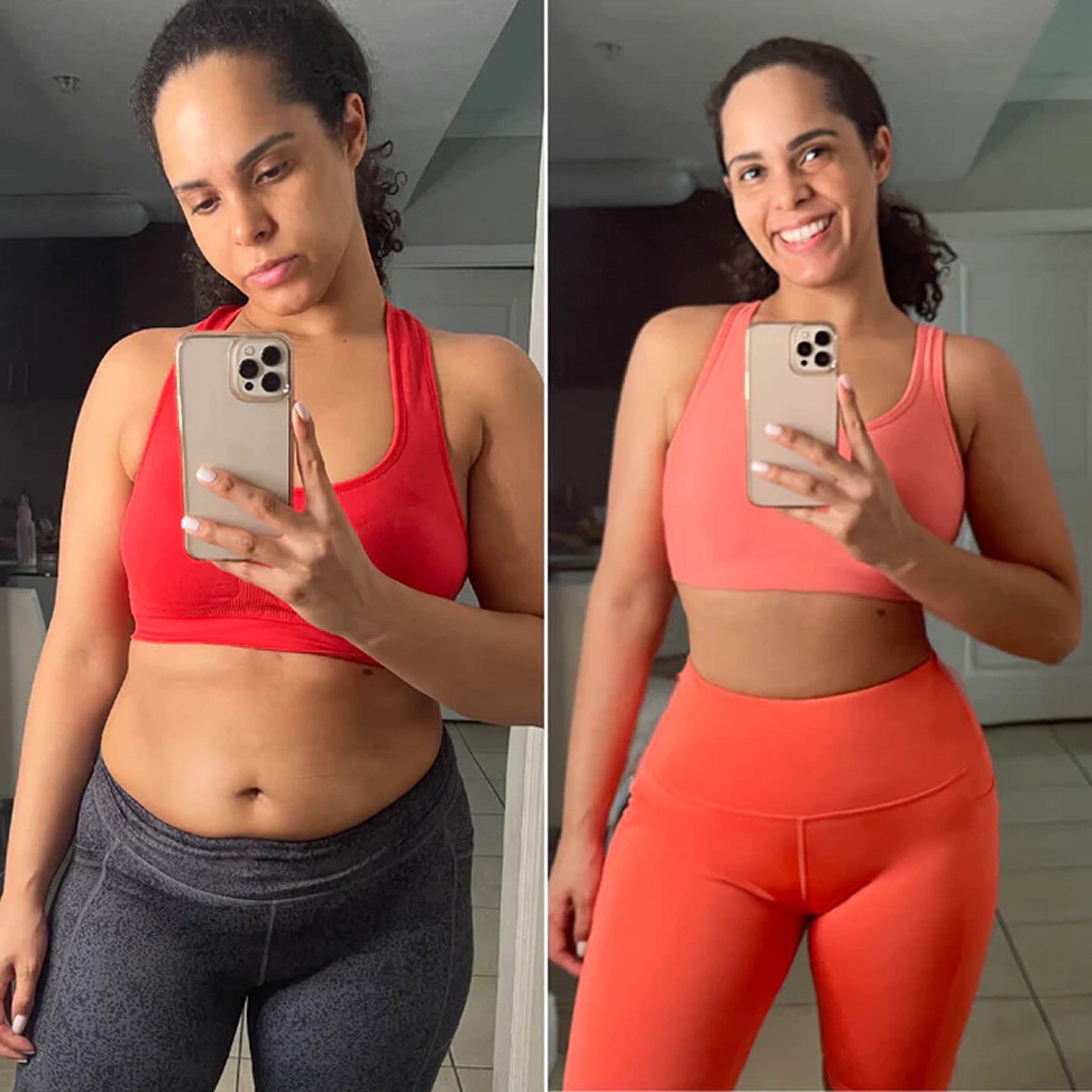 Comparación antes y después de usar Hot Shapers mostrando abdomen más plano y cintura definida