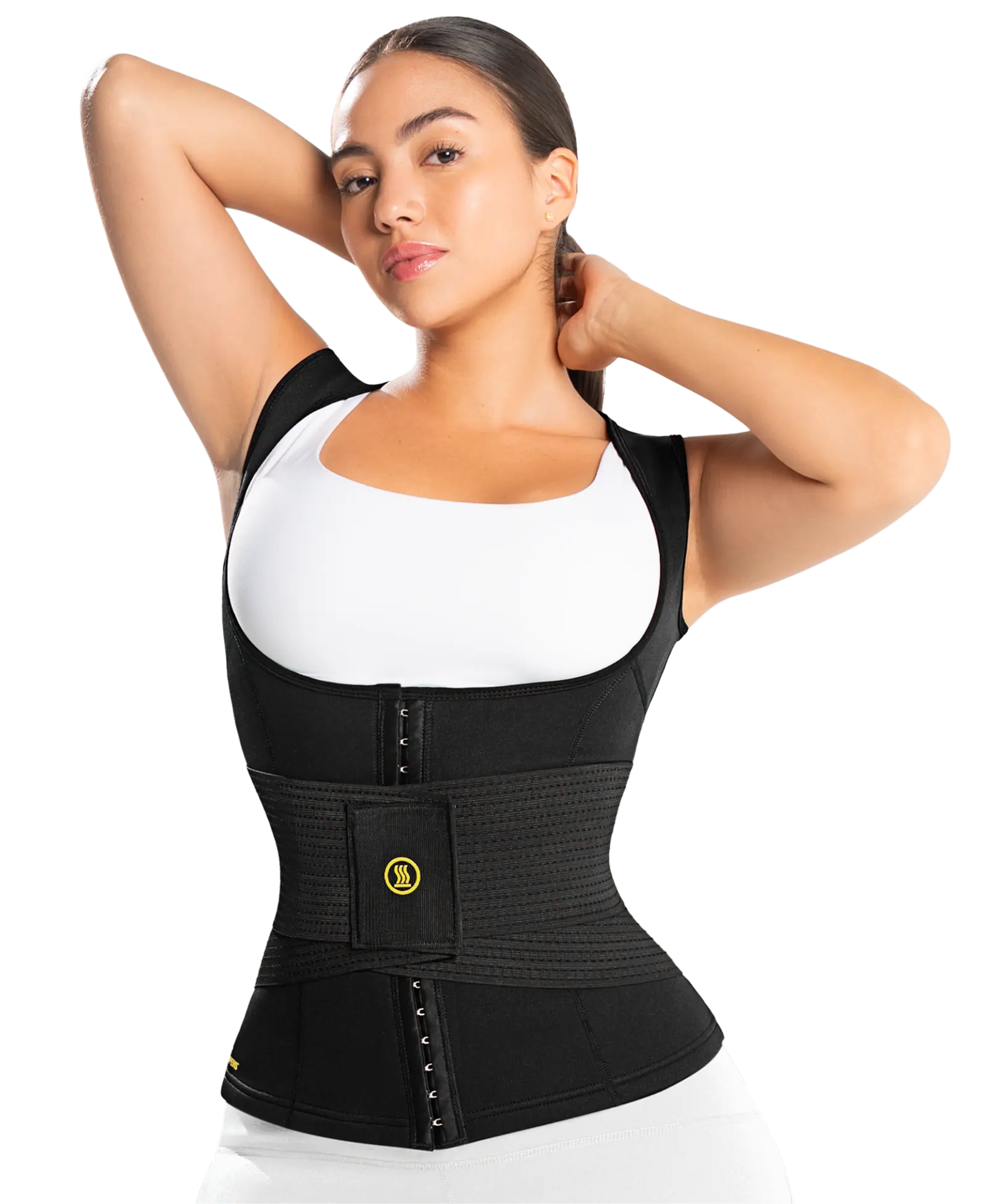 Mujer usando faja Hot Shapers junto a porcentajes de resultados comprobados de reducción y tonificación