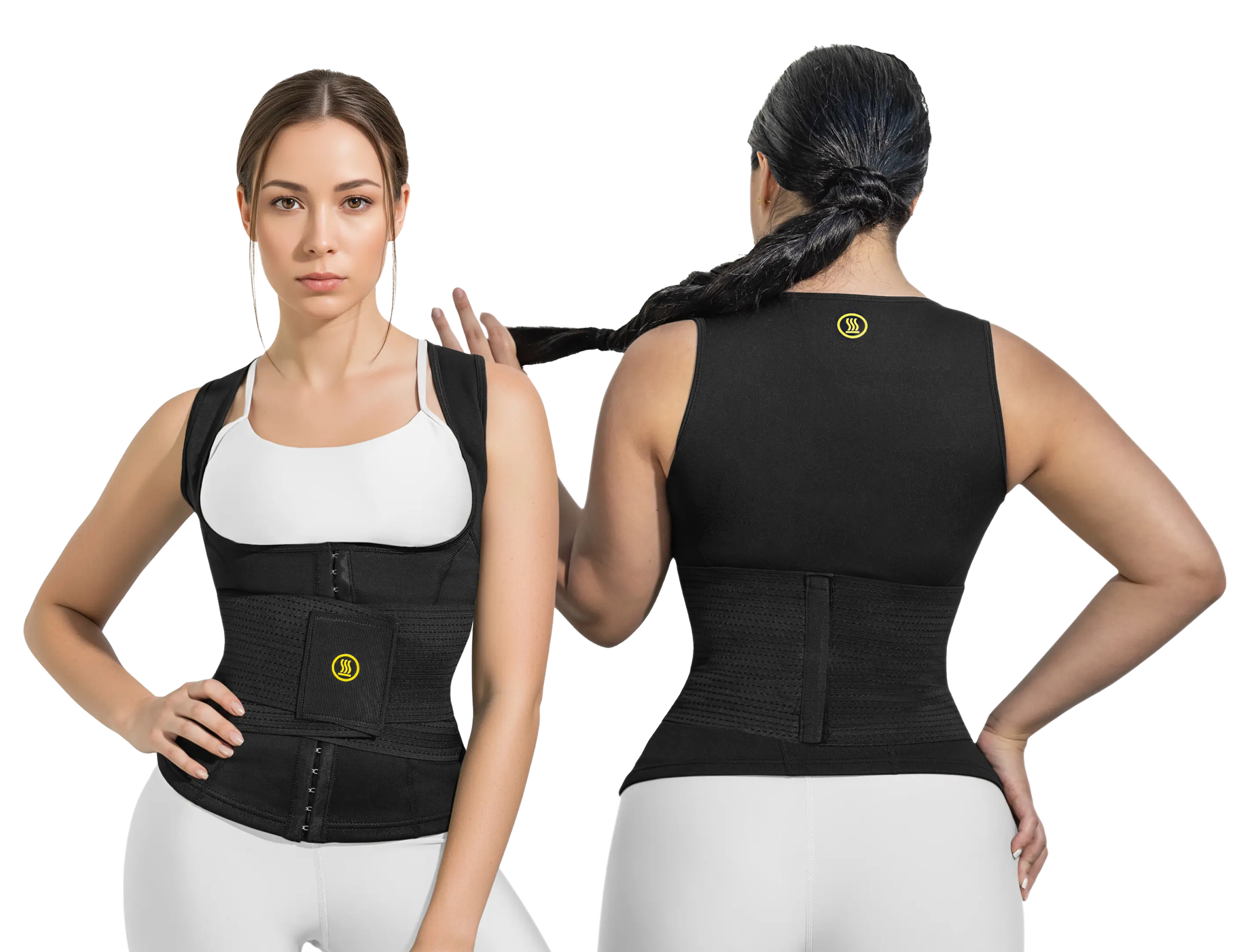 Dos mujeres usando chaleco Hot Shapers con compresión en abdomen y espalda, vista frontal y posterior.
