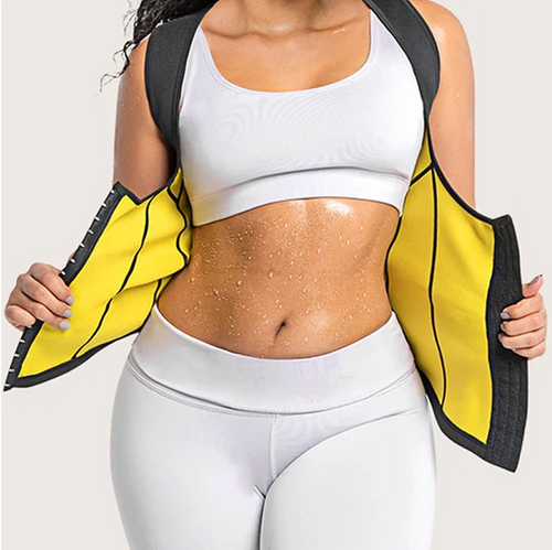 Mujer con faja Hot Shapers mostrando abdomen sudoroso gracias a la tela térmica